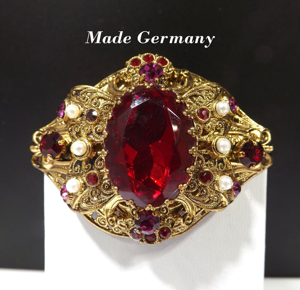 Vintage 1940s Germany Red Glass Filigree Brooch Gold Tone Faux Pearl Rhinestones